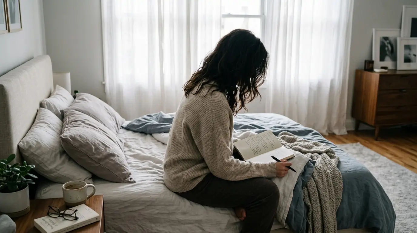 How to love each zodiac sign — woman sitting in unmade bed with open journal, soft morning light through curtains