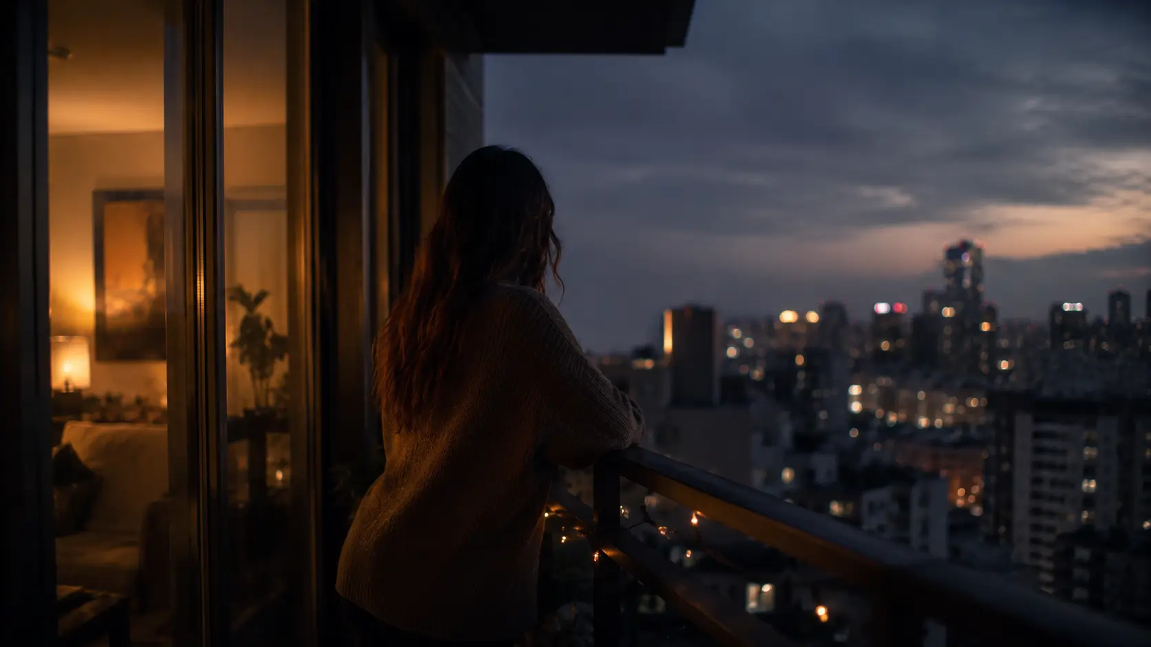 How to make scorpio man chase you — woman standing alone on an apartment balcony at dusk, looking at city lights with calm certainty