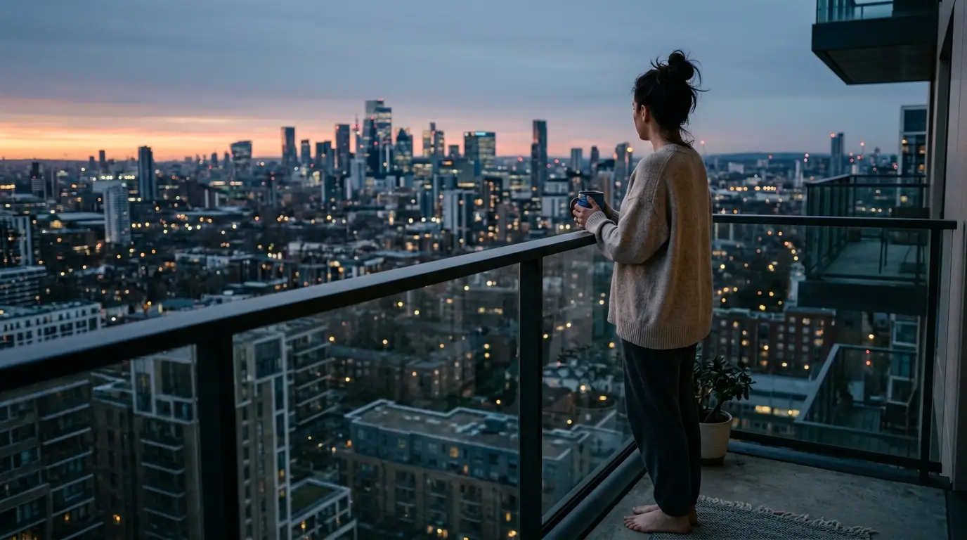 How to tell if cancer man loves you — woman standing on apartment balcony at dawn, coffee in hand, looking out at the city in quiet contemplation