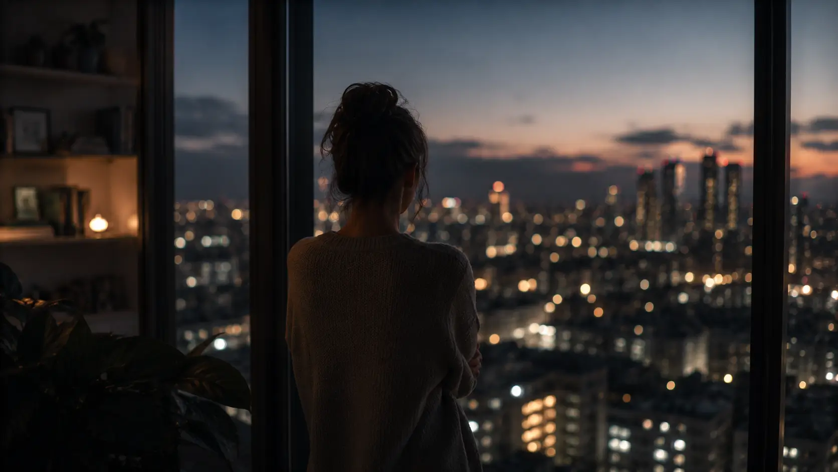 How each zodiac sign deals with emotional pain — woman standing at apartment window at dusk, arms crossed, looking at city lights