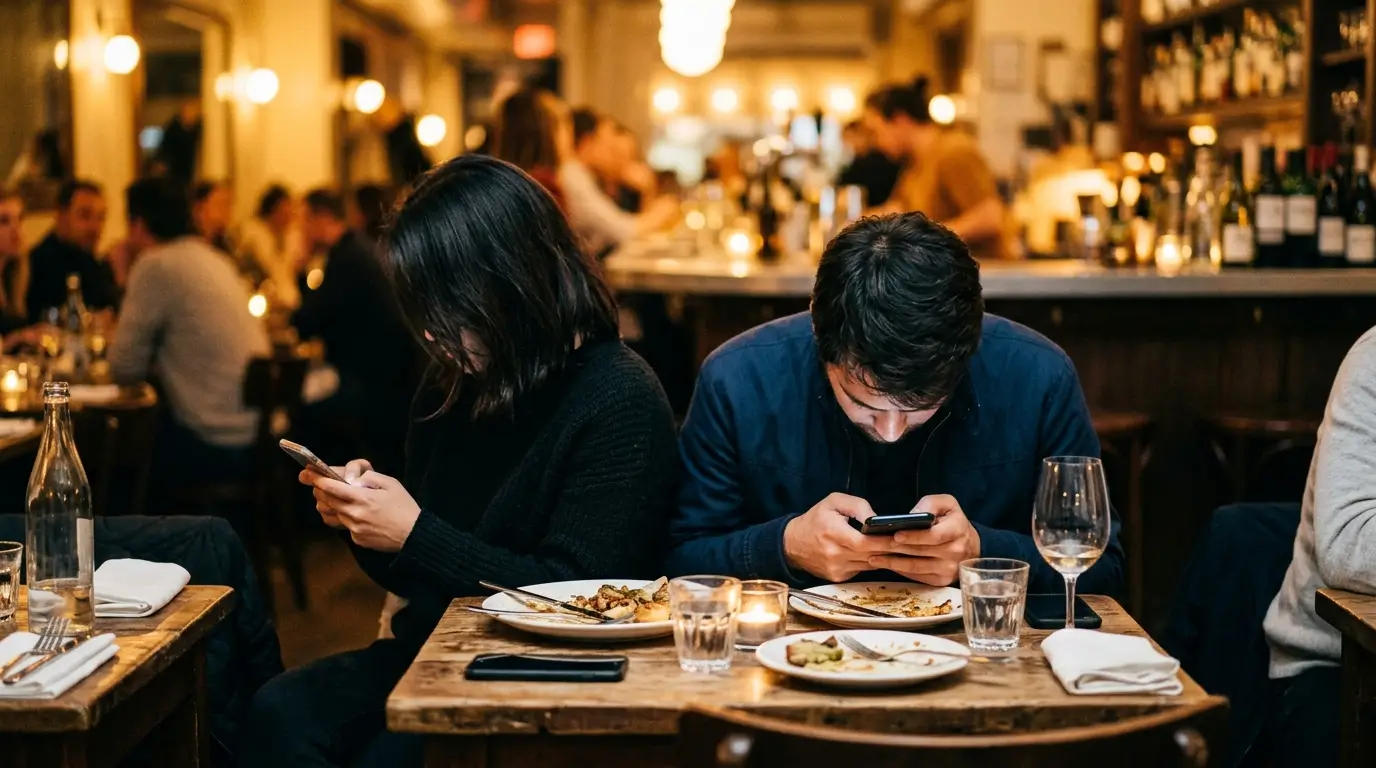 How zodiac signs act jealous — couple sitting close at restaurant table, both on phones, woman's shoulders turned slightly away