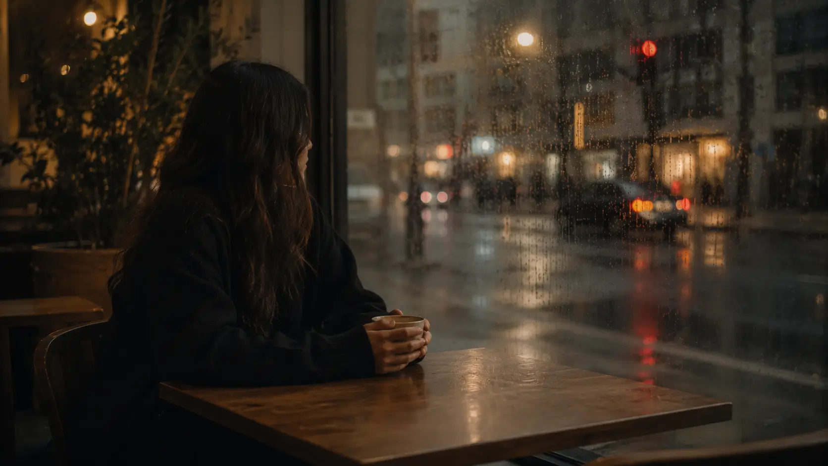 How zodiac signs act when hurt — woman sitting alone at a café table by a rainy window, hands around her coffee cup, looking outside