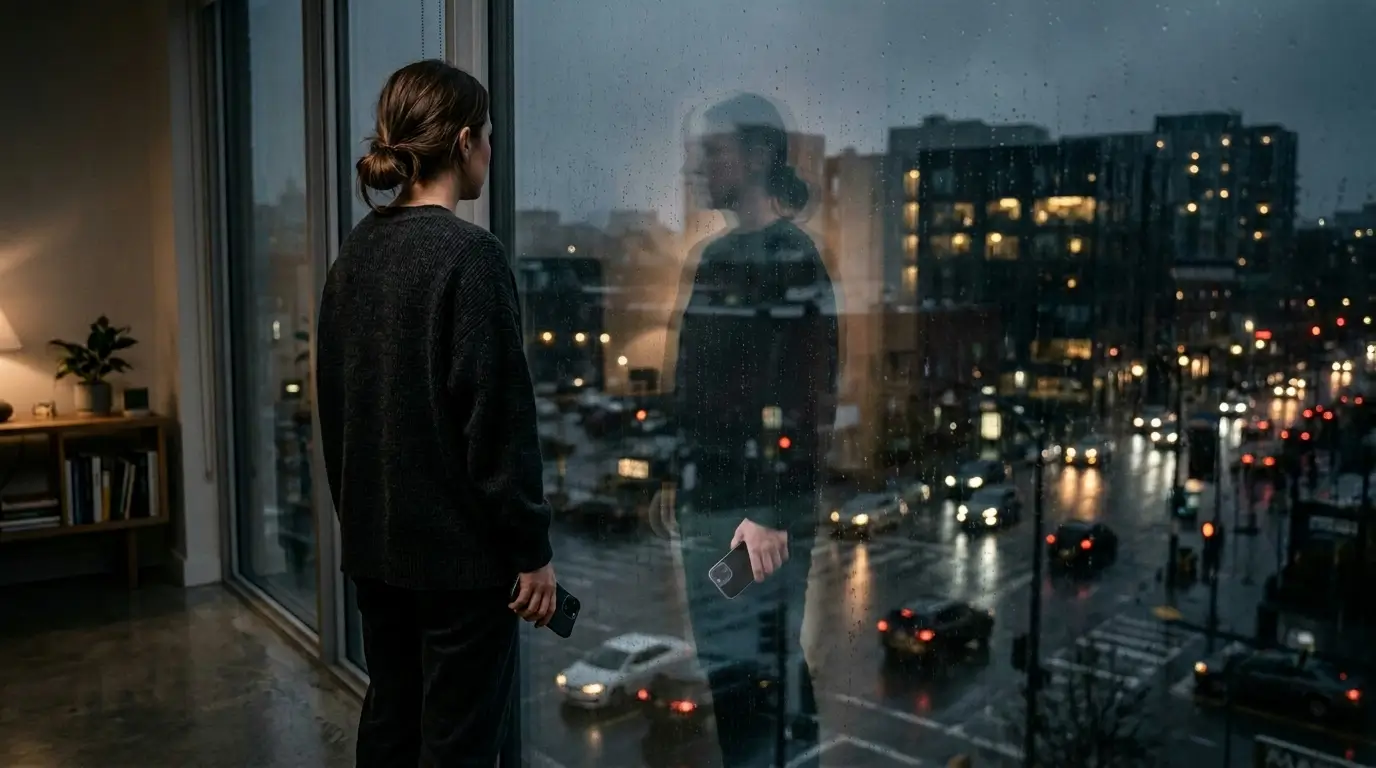How zodiac signs react to being ignored — woman's reflection in a rain-streaked window, phone in hand, looking at the street below