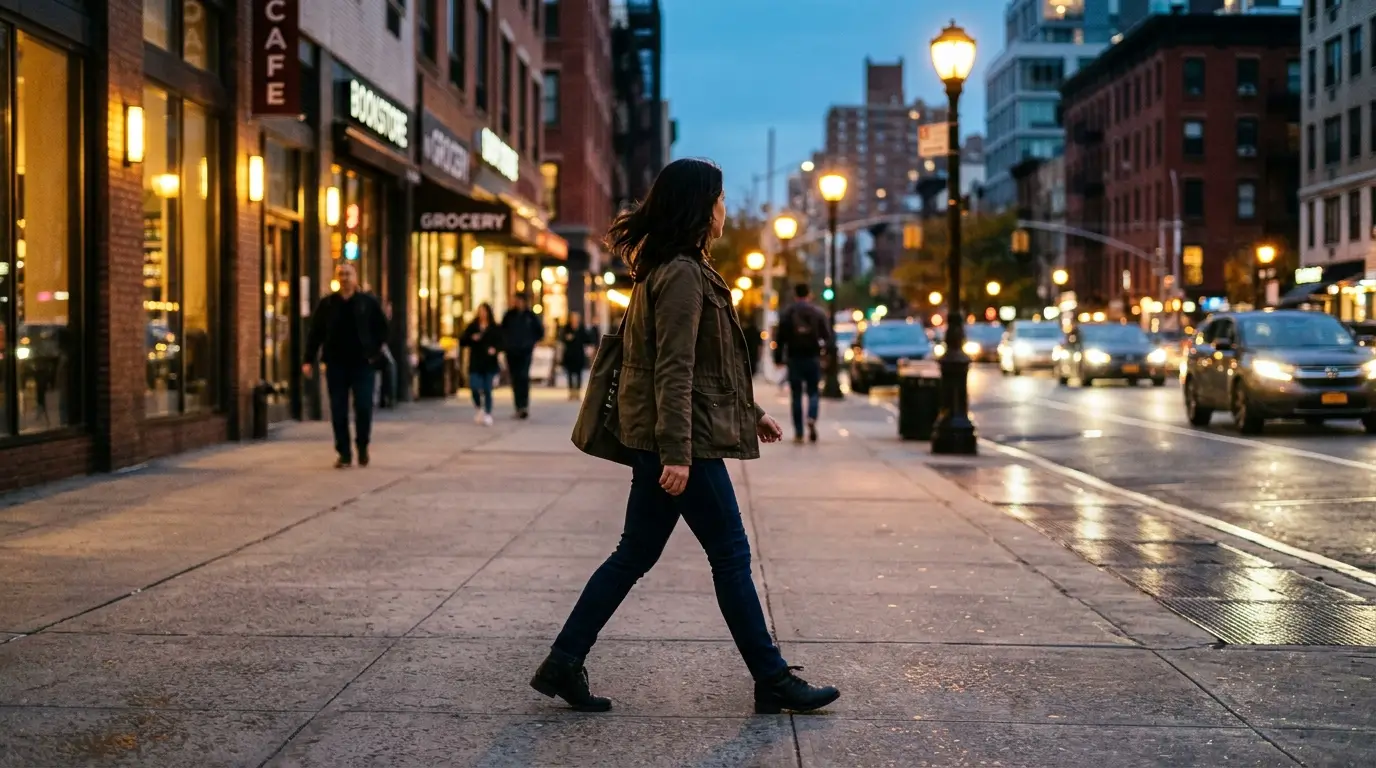 Ignore him astrology — woman walking alone on a city sidewalk at dusk, purposeful stride, not checking her phone
