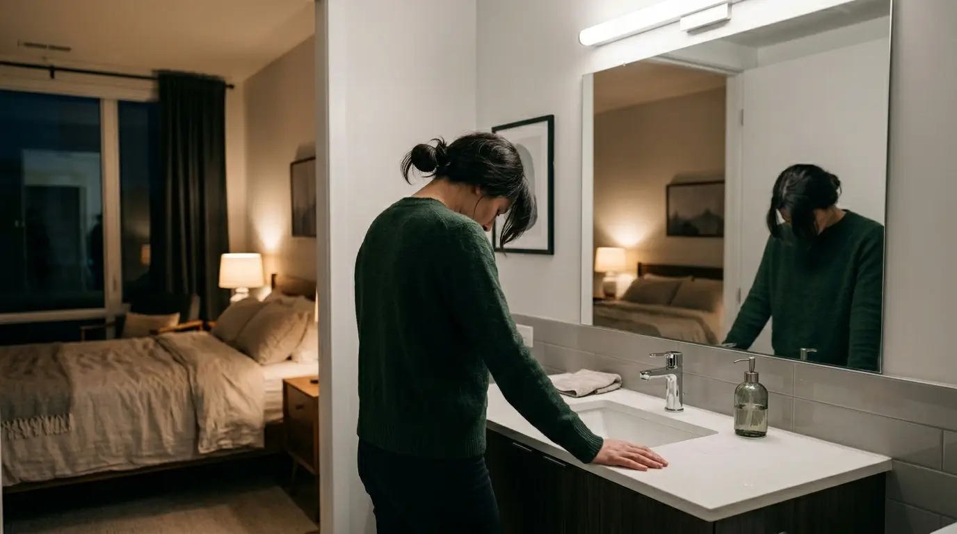 Jealous zodiac sign behavior — woman standing at bathroom mirror looking down, composed but clearly processing something difficult