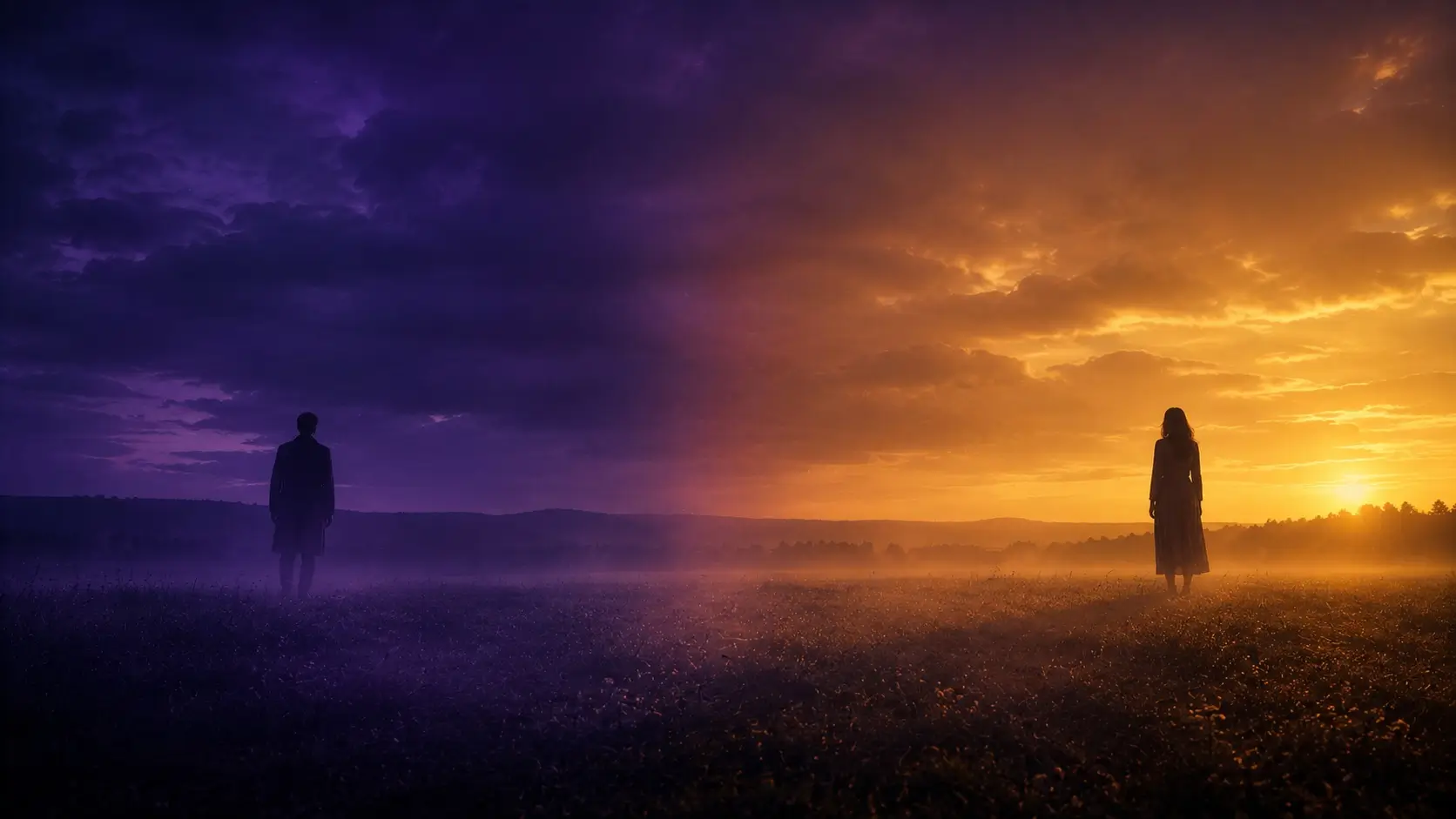 Leo aquarius compatibility — two silhouettes standing apart under opposite-colored lights in a cinematic twilight landscape
