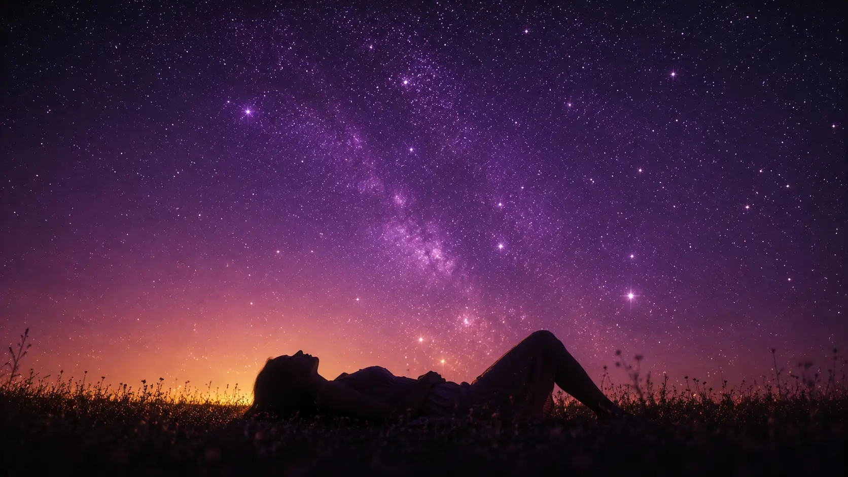 Leo aquarius love match — lone feminine silhouette lying in a field looking up at a vast purple starry sky, suggesting wonder and possibility