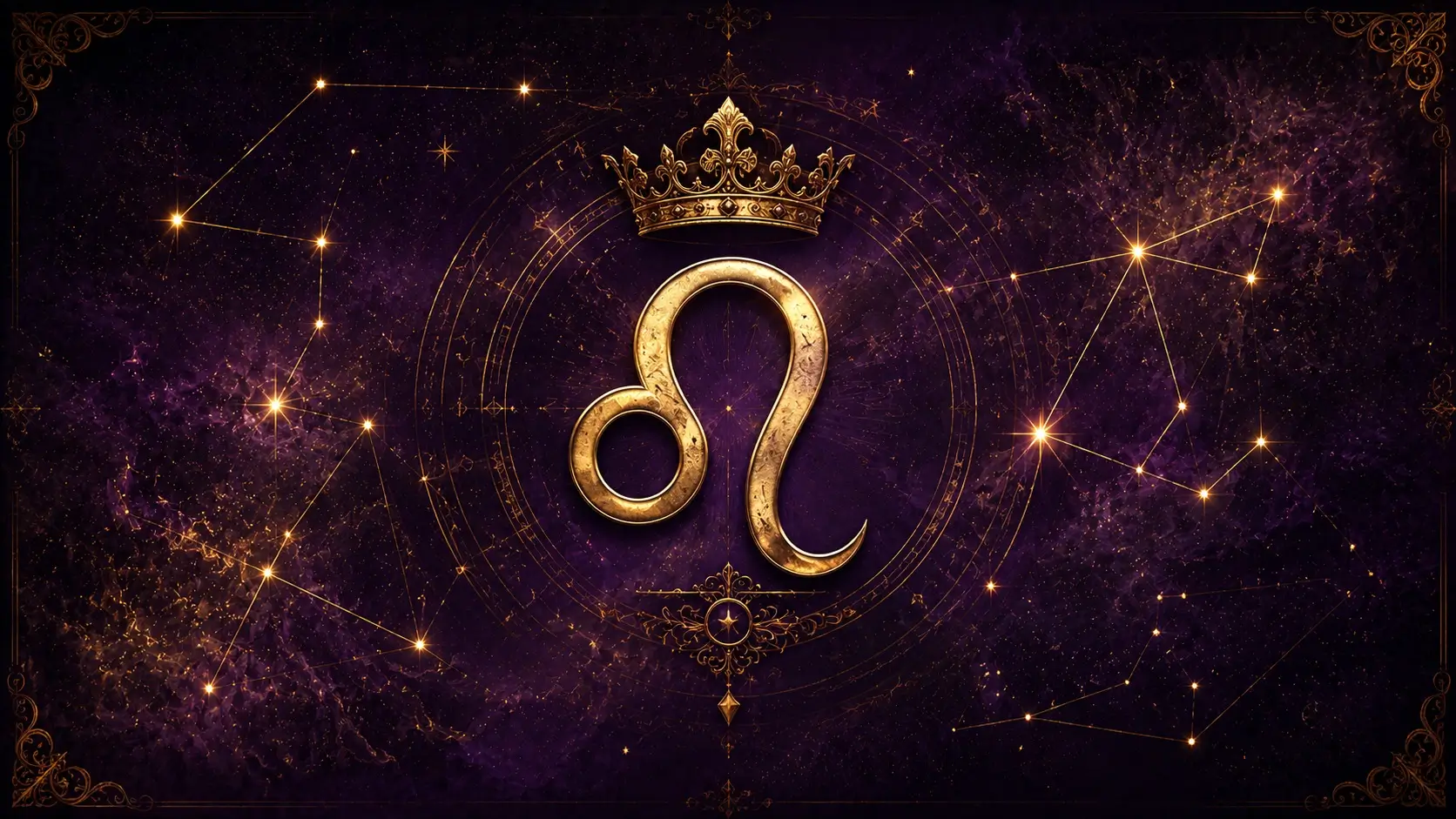 Leo zodiac symbol in antique gold against deep purple background representing the Leo man's need for attention