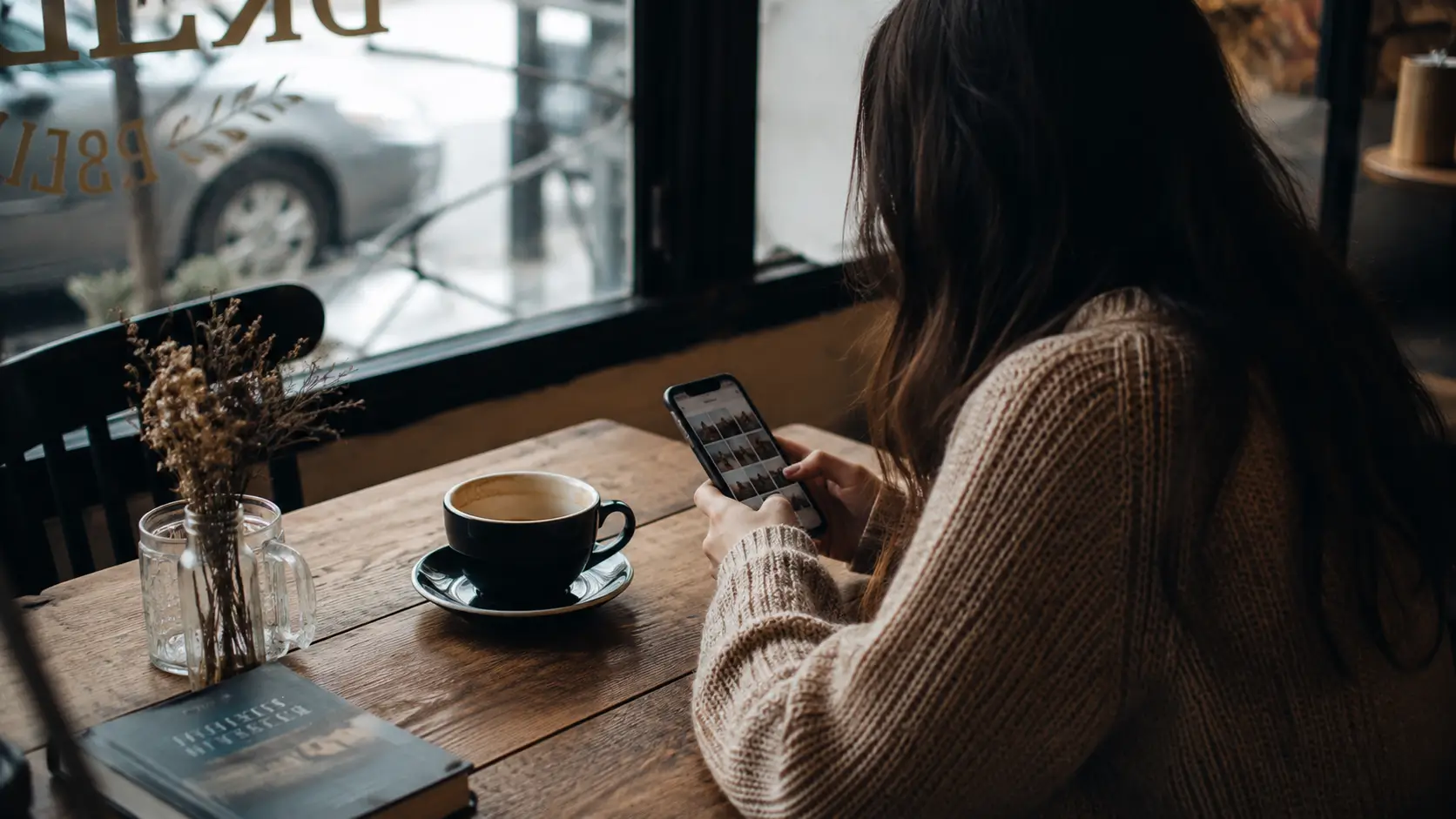 Leo man boyfriend traits — woman sitting at a café table scrolling through old photos, coffee untouched beside her