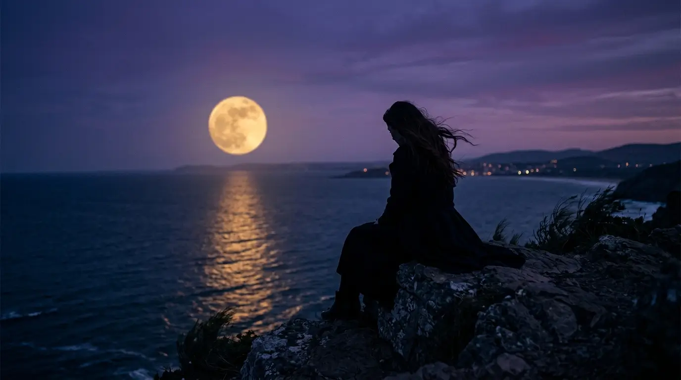Woman silhouette sitting alone at night looking at the moon, wondering if her Leo man is serious about her