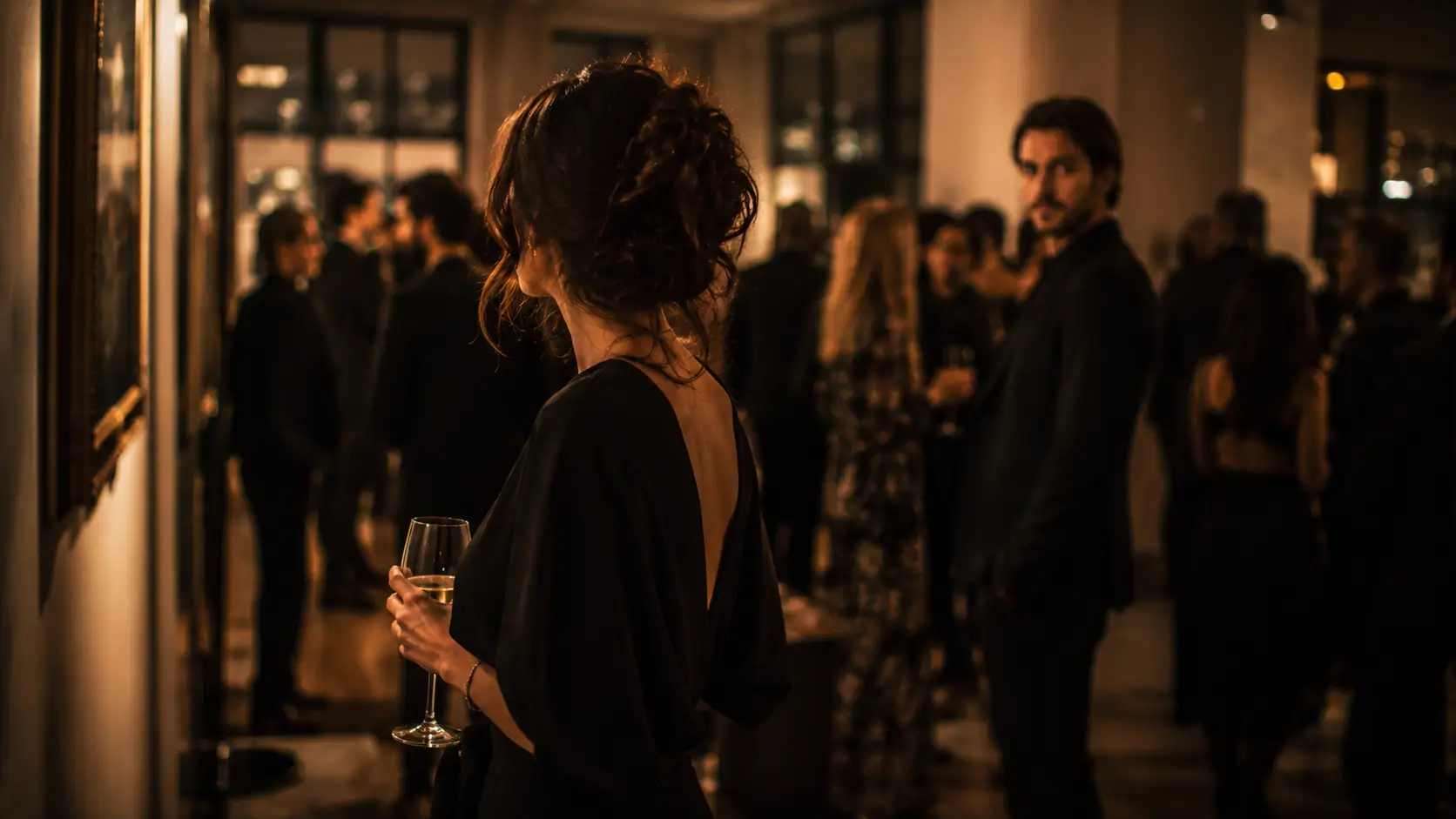Leo man obsessed with scorpio woman — man across a party watching a woman who isn't performing for anyone, warm amber light