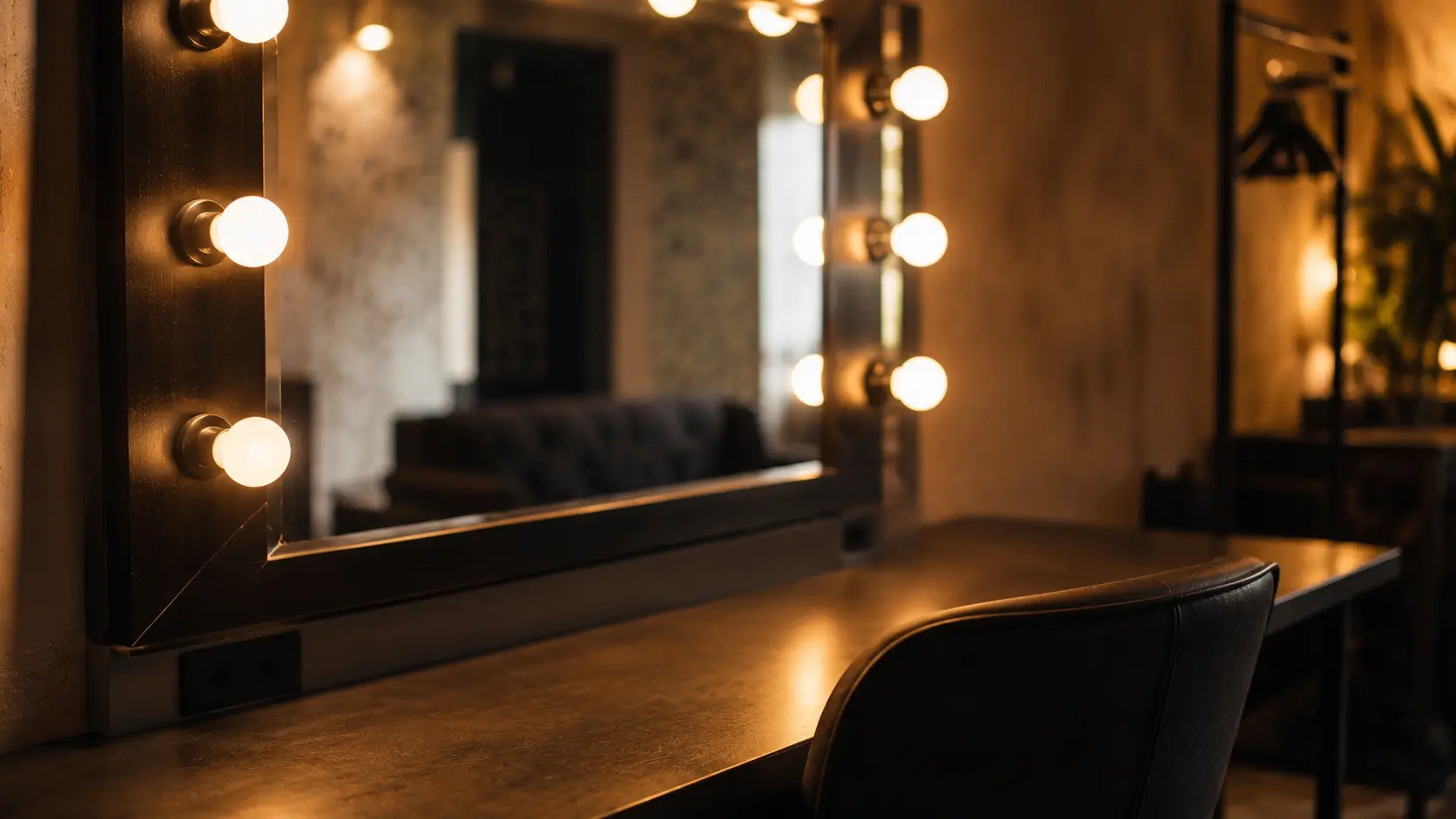 Leo man red flags — large theatrical mirror surrounded by warm light bulbs in an empty dressing room