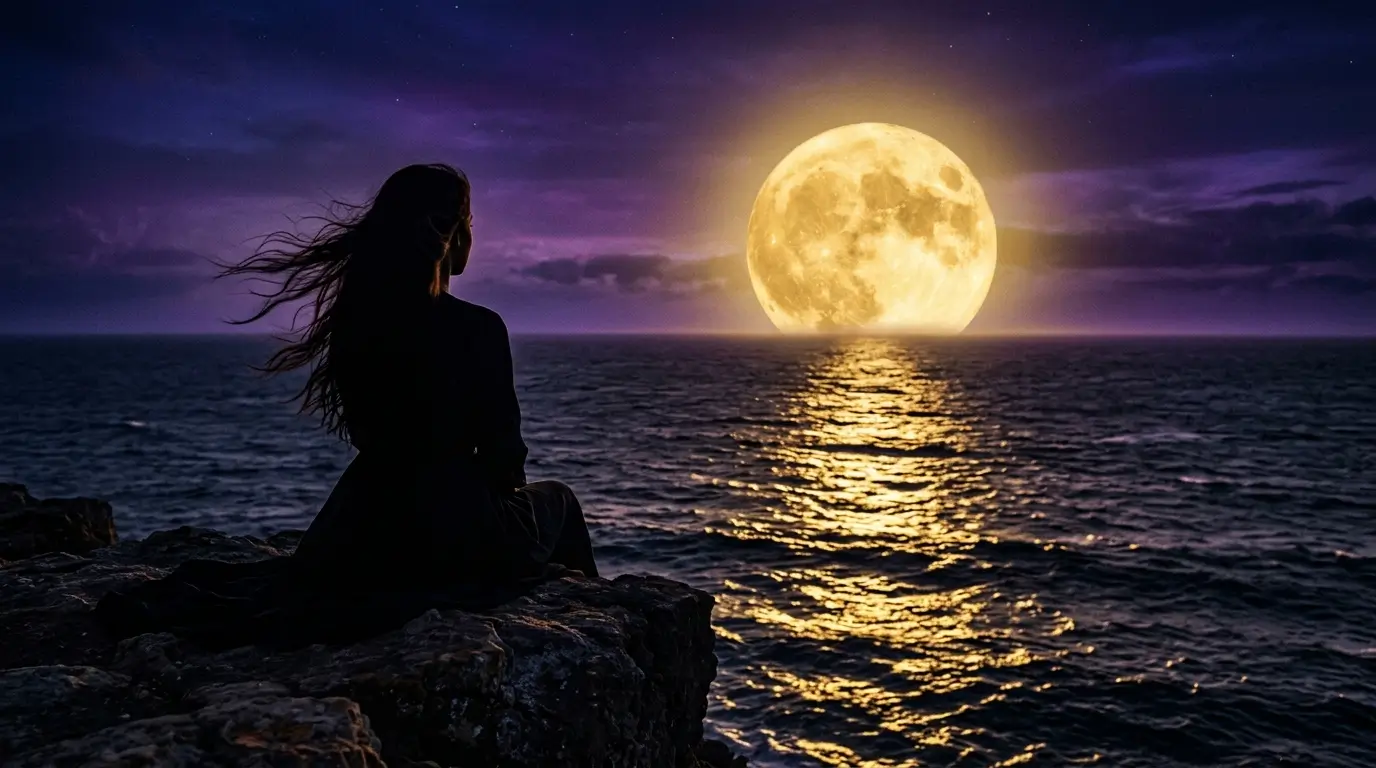 Woman silhouette sitting alone at night looking at golden moon, wondering if her Leo man regrets the breakup