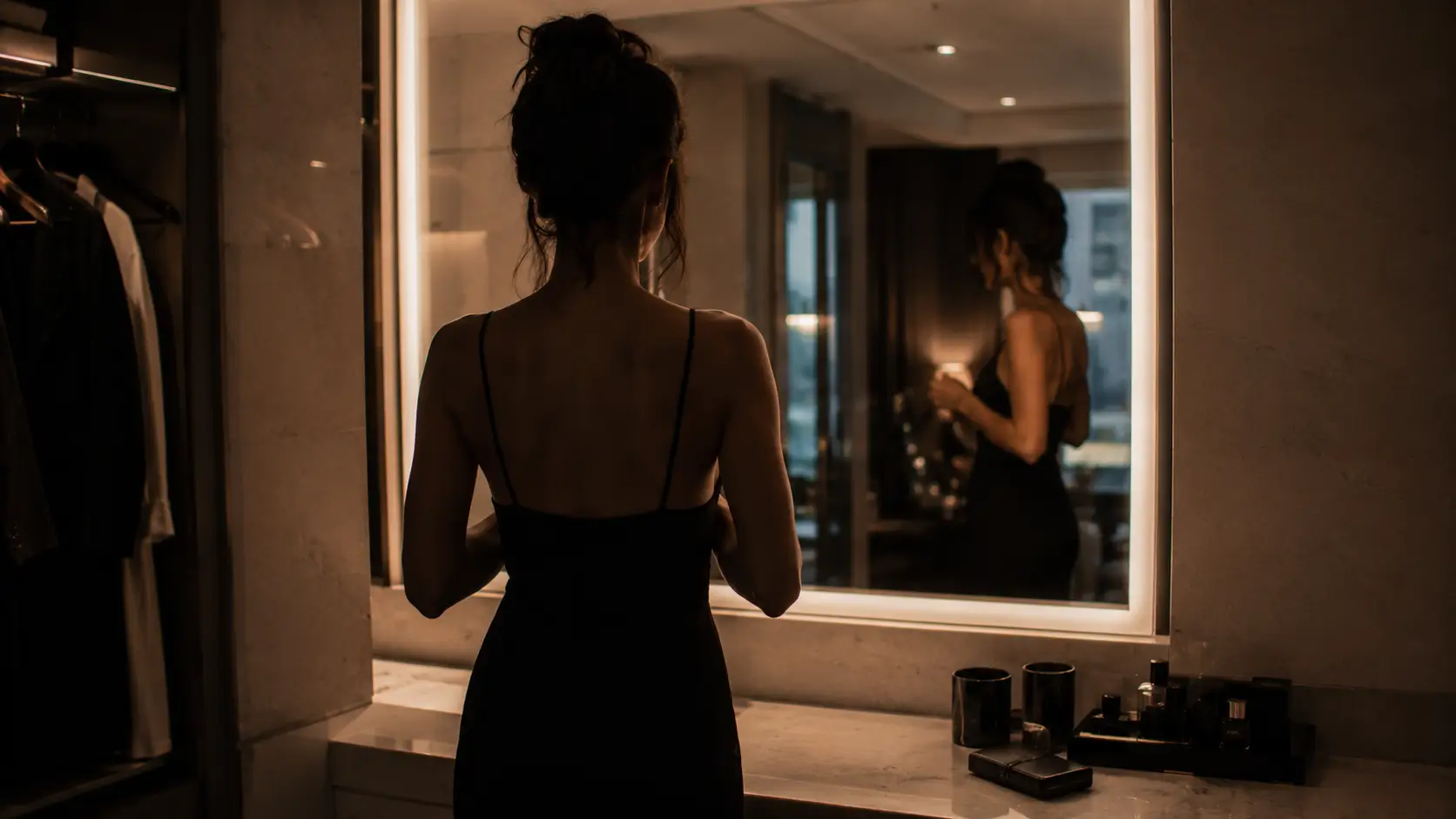 Leo man scorpio woman attraction — woman's silhouette in a modern mirror, completely self-possessed, soft vanity lighting