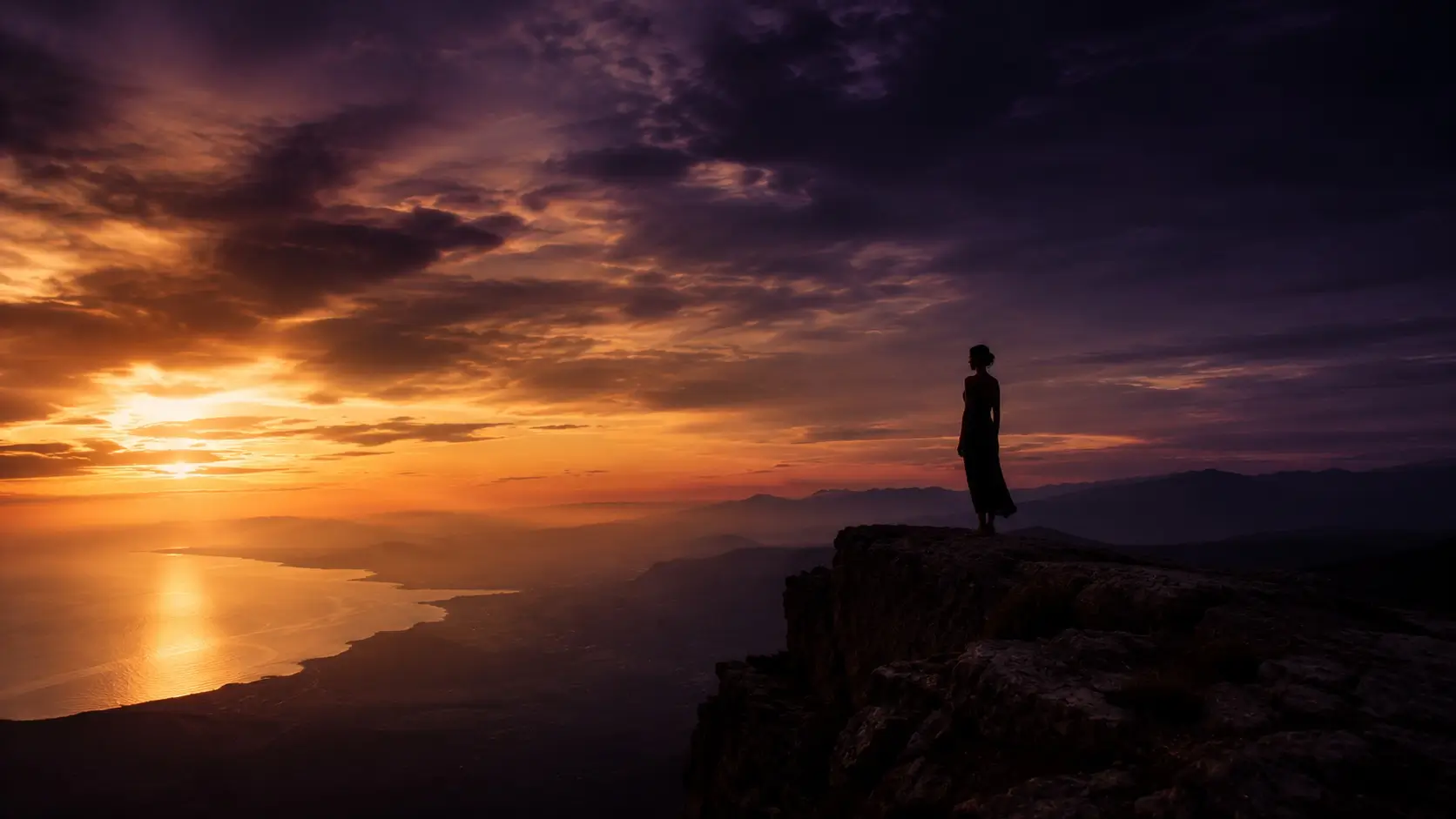 Leo man scorpio woman love — woman silhouette at cliff edge, golden and purple sky, quiet power and longing