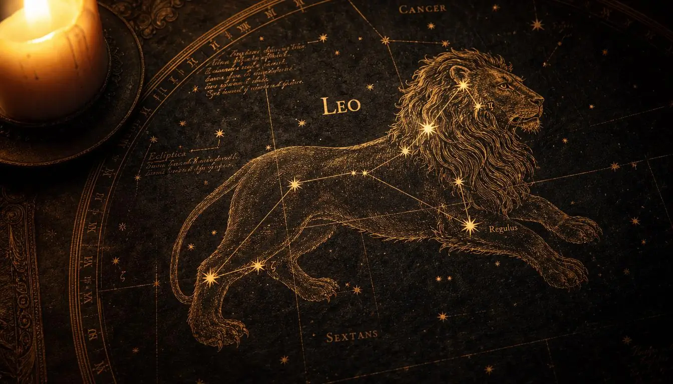 Golden cosmic dust and Leo constellation lines against deep purple sky, representing a Leo man's emotional silence after a breakup