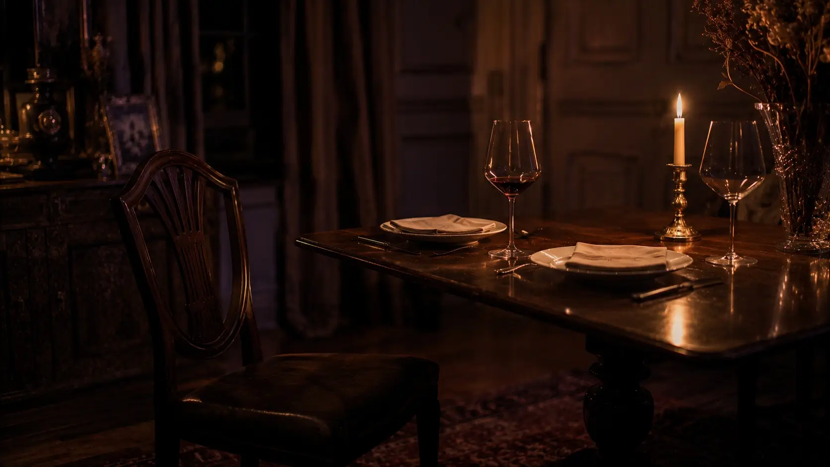 Leo scorpio power struggle relationship — empty chair at candlelit table, one wine glass untouched