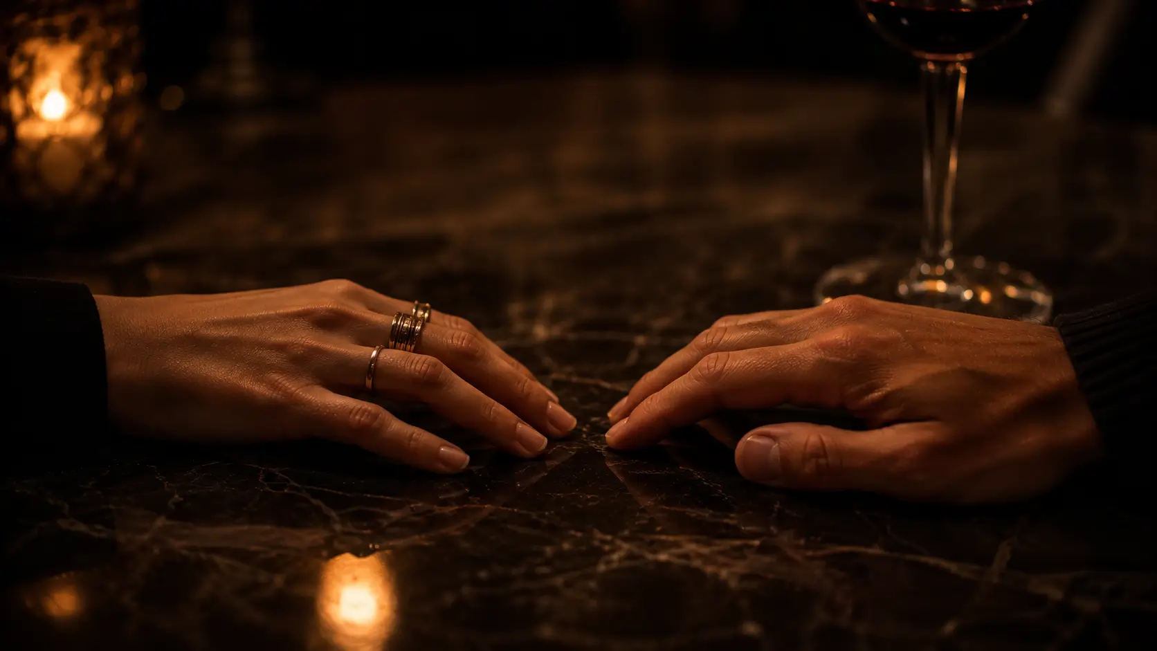 Libra and Scorpio relationship — two hands reaching toward each other across dark velvet, not quite touching, golden candlelight between them