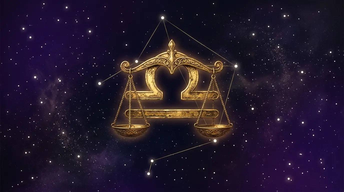 Libra zodiac scales symbol in antique gold against deep purple background