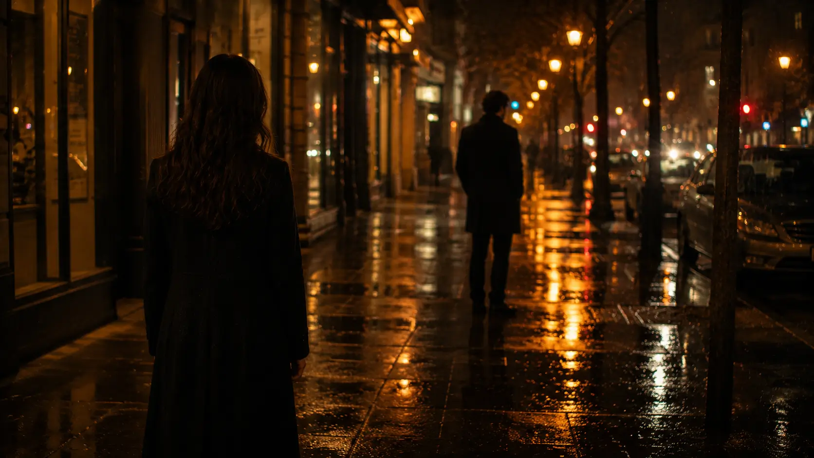 Libra Scorpio compatibility — two silhouettes standing close but apart on a foggy bridge, golden lantern light in the dark