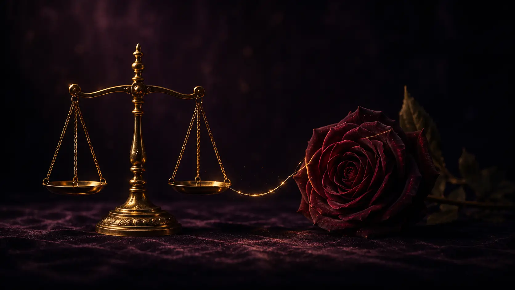 Libra taurus compatibility — antique gold scales and a deep burgundy rose connected by golden light on dark velvet