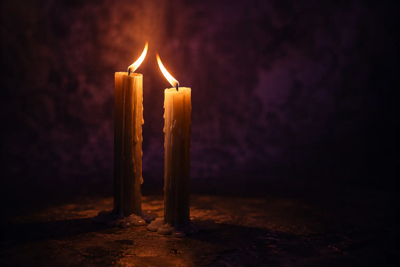 Libra taurus compatibility — two candle flames leaning toward each other but not quite touching, warm amber and purple tones