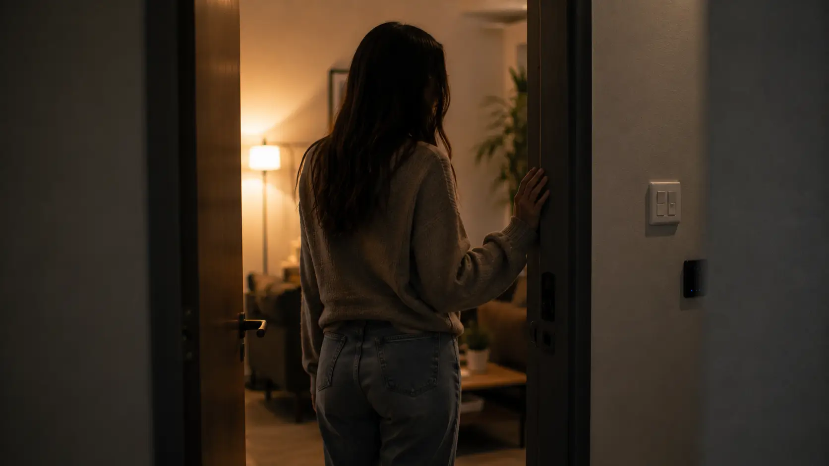 Love patterns by zodiac sign — woman standing at open apartment door, half in half out, looking back into the room