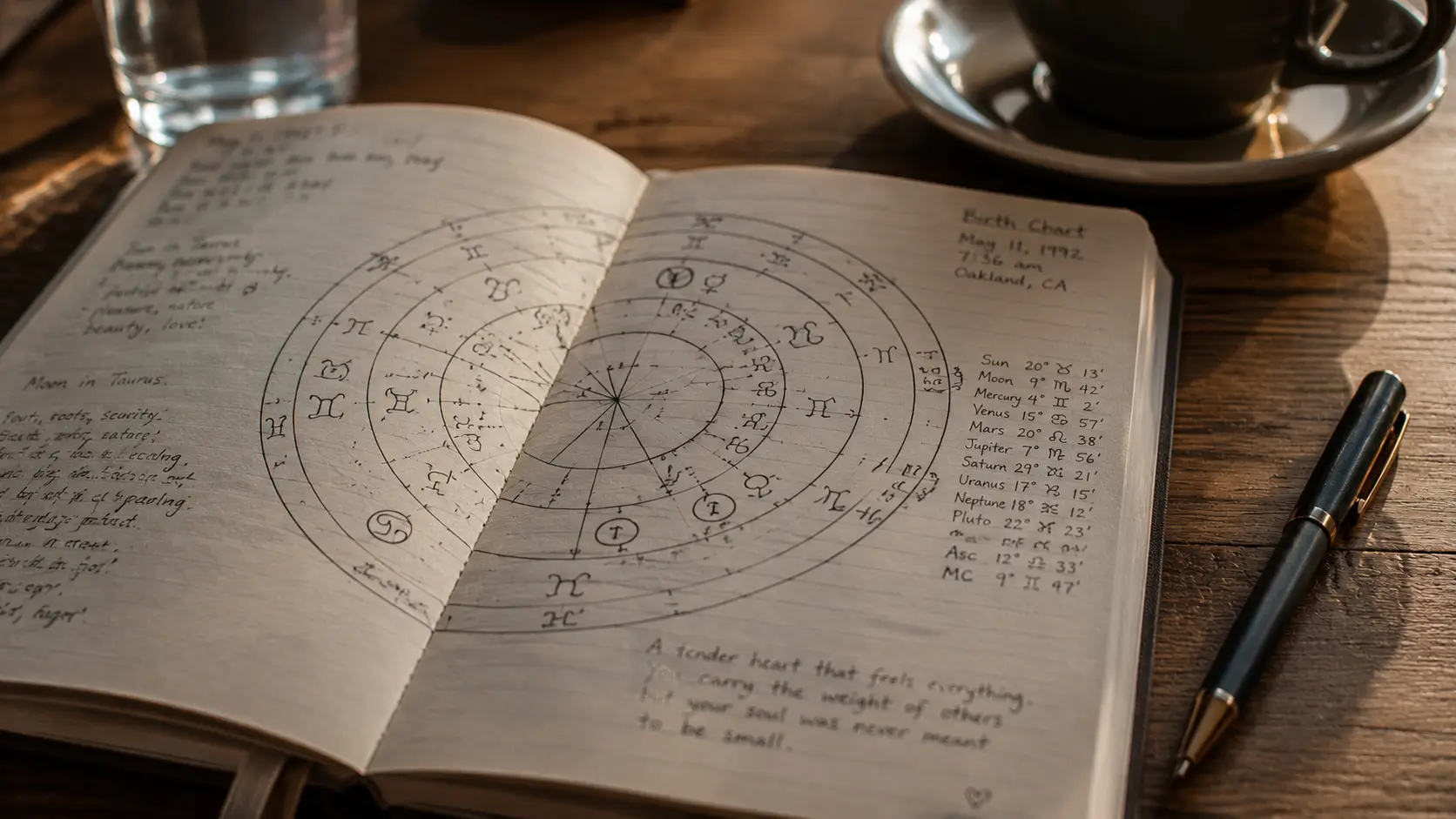Master aura birth chart soulmate reveal — close-up of a hand-drawn birth chart notebook with planetary symbols and handwritten notes on a café table