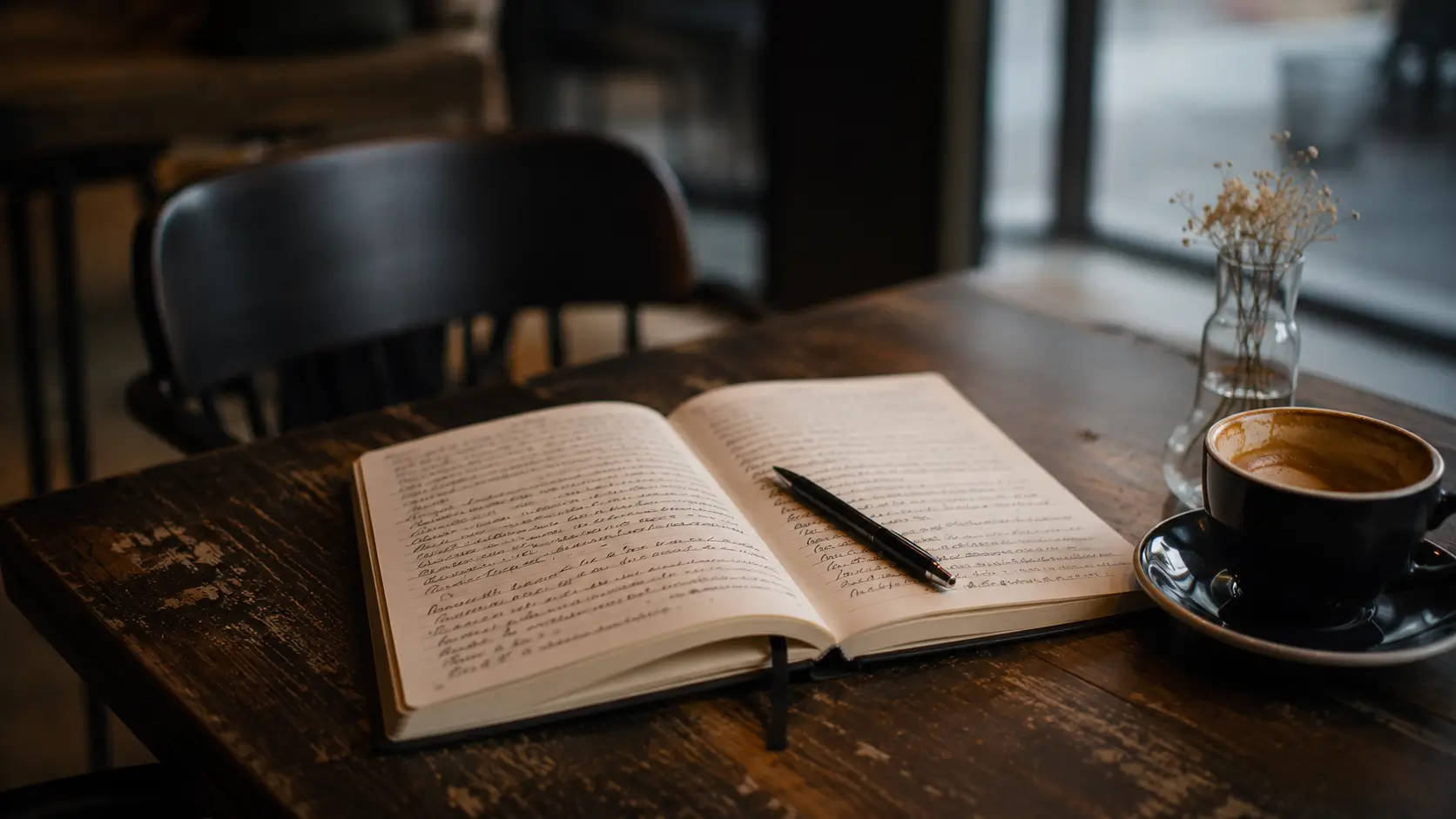 Moon sign compatibility partner — open journal and coffee cup on a café table, pen resting on the page