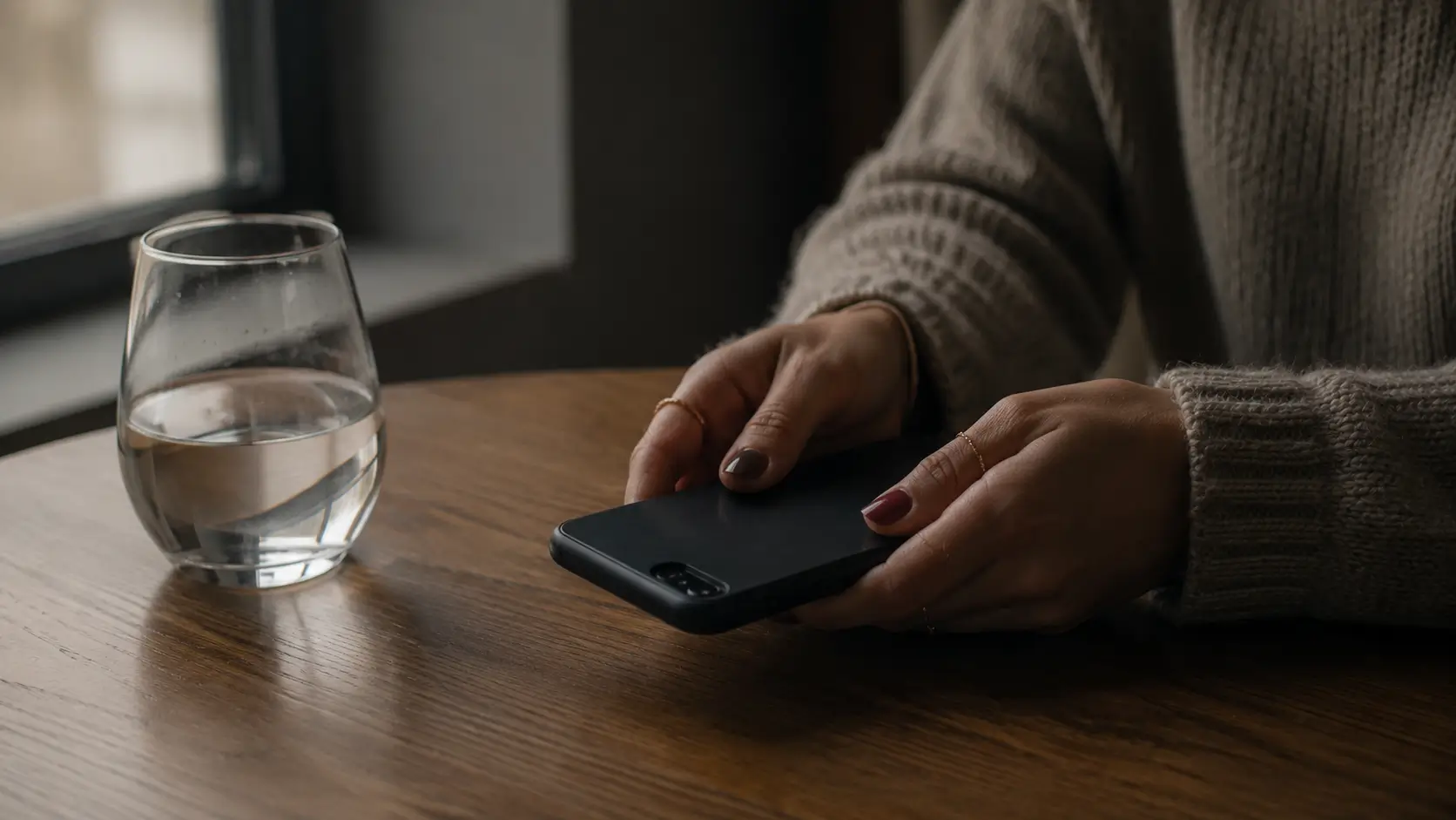 Moon sign emotional needs astrology — close-up of woman's hands resting on a phone face-down on wooden surface