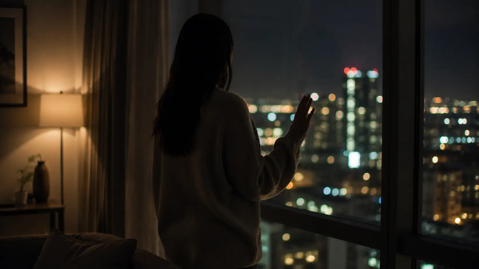Moon sign relationship needs — woman standing alone at apartment window at night, city lights glowing below
