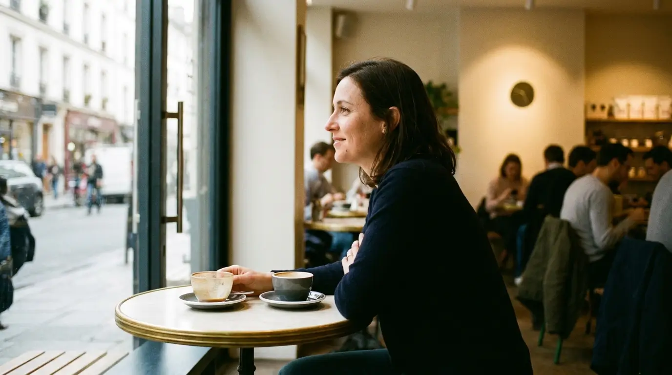 Most loyal zodiac signs — a woman sitting at a café table by a window, two cups on the table, looking toward the door — she arrived early and she will stay until the end