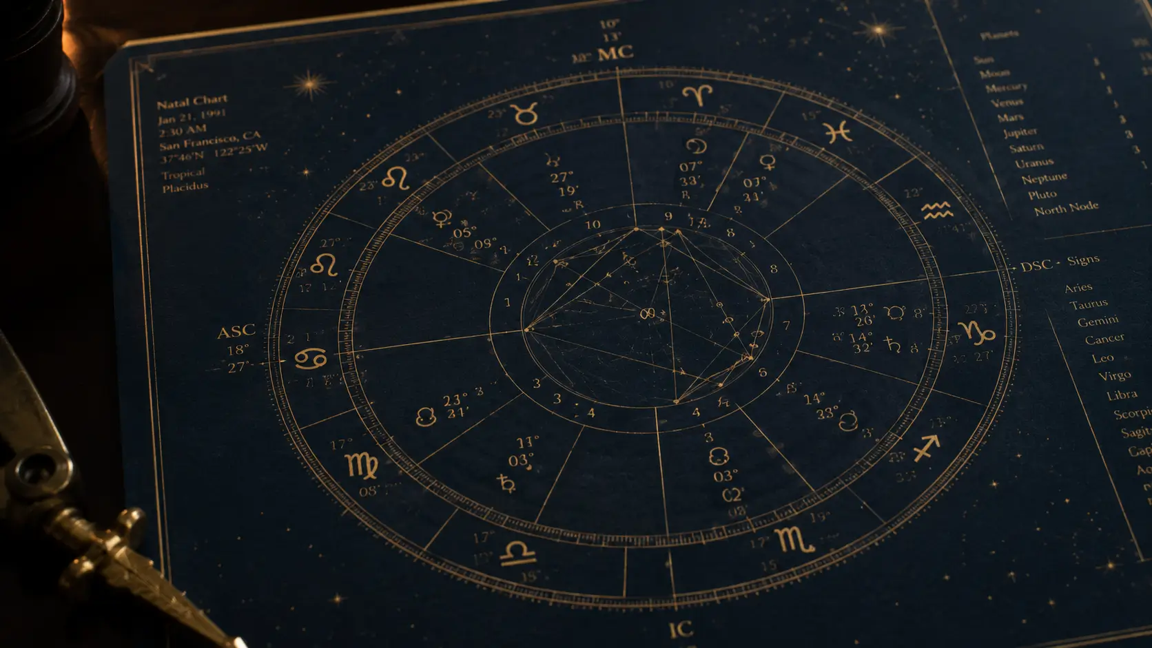 Person God destined for you — intricate birth chart wheel in antique gold on midnight blue, rendered like a sacred document of love destiny