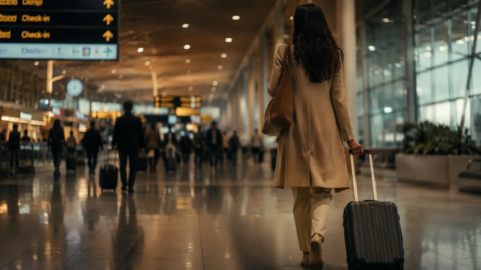 Pisces man chases capricorn woman — woman walking alone through an airport terminal, posture confident and purposeful, travelers blurred in background