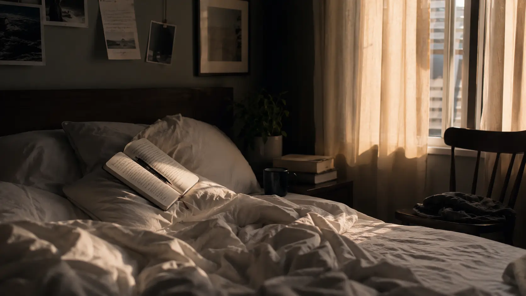 Pisces man relationship — an unmade bed with soft morning light and an open journal resting on the pillow