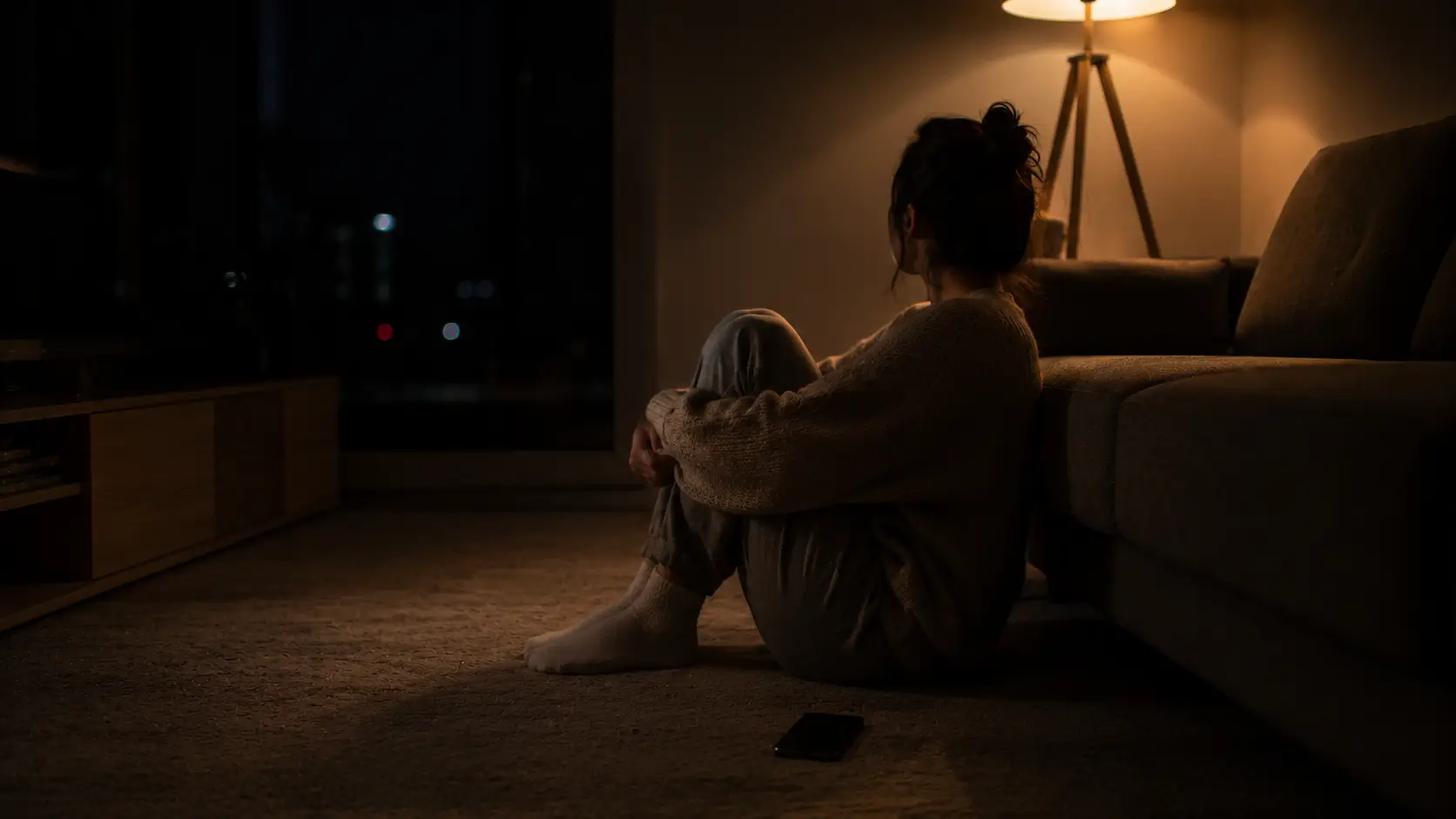 Planetary alignment soulmate meaning — woman sitting on living room floor at night, knees pulled to chest, phone beside her, in quiet thought