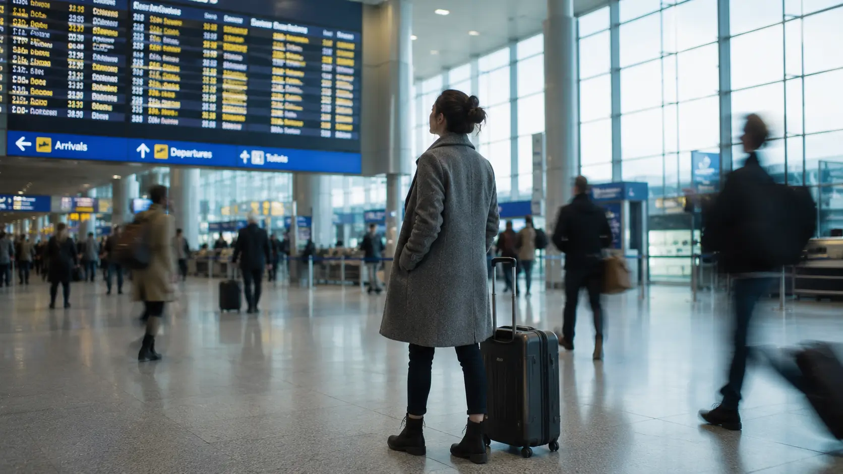 Planetary alignments birth date love — woman standing alone in airport terminal looking up at departures board, travelers blurred around her
