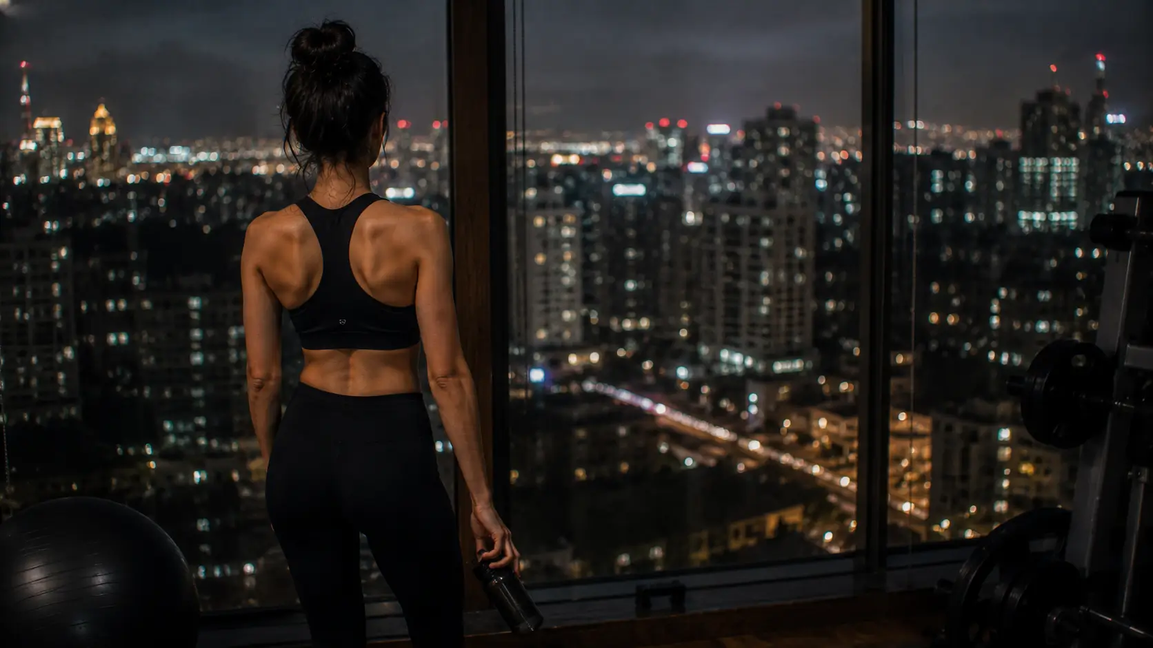 planetary alignments love destiny — woman standing alone at a gym window at night, looking at the city lights below