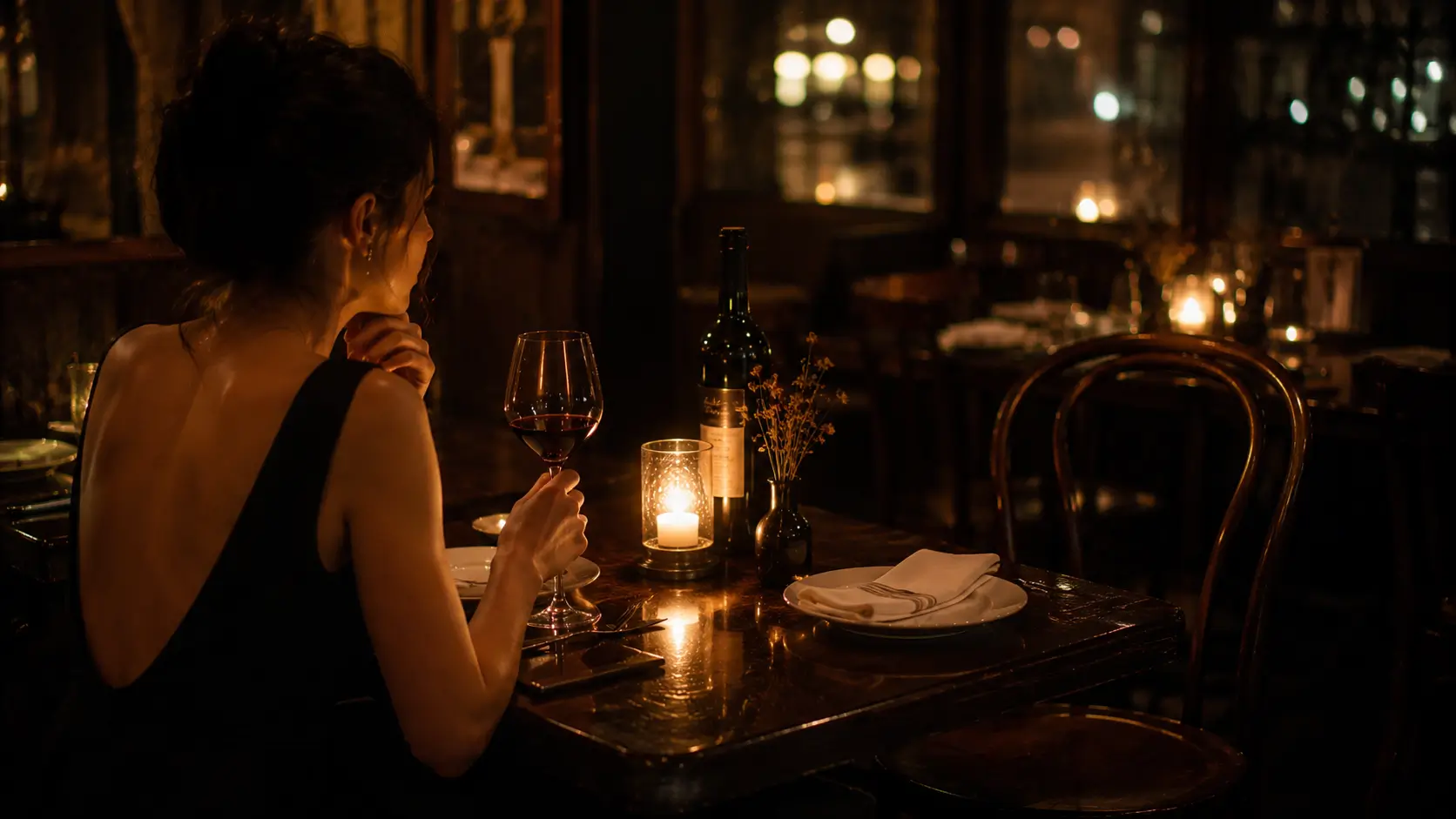 Red flags zodiac sign — woman pausing mid-conversation with a subtle expression of noticing something off, contemporary indoor setting, soft warm light