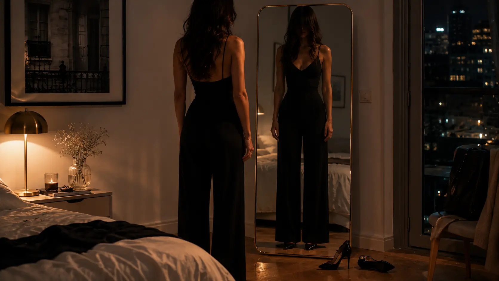 Relationship mistakes by zodiac sign — woman studying her reflection in a full-length mirror in a modern bedroom, dressed but not leaving