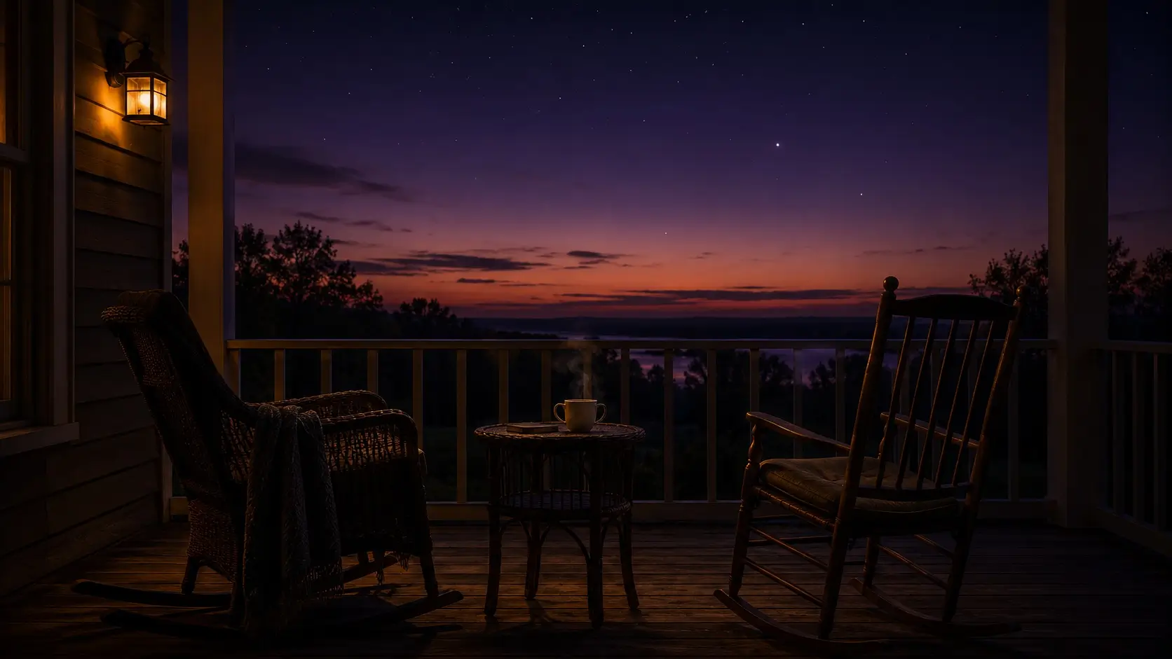 Sagittarius and cancer relationship — two chairs slightly apart on a porch at dusk, a half-empty coffee cup between them