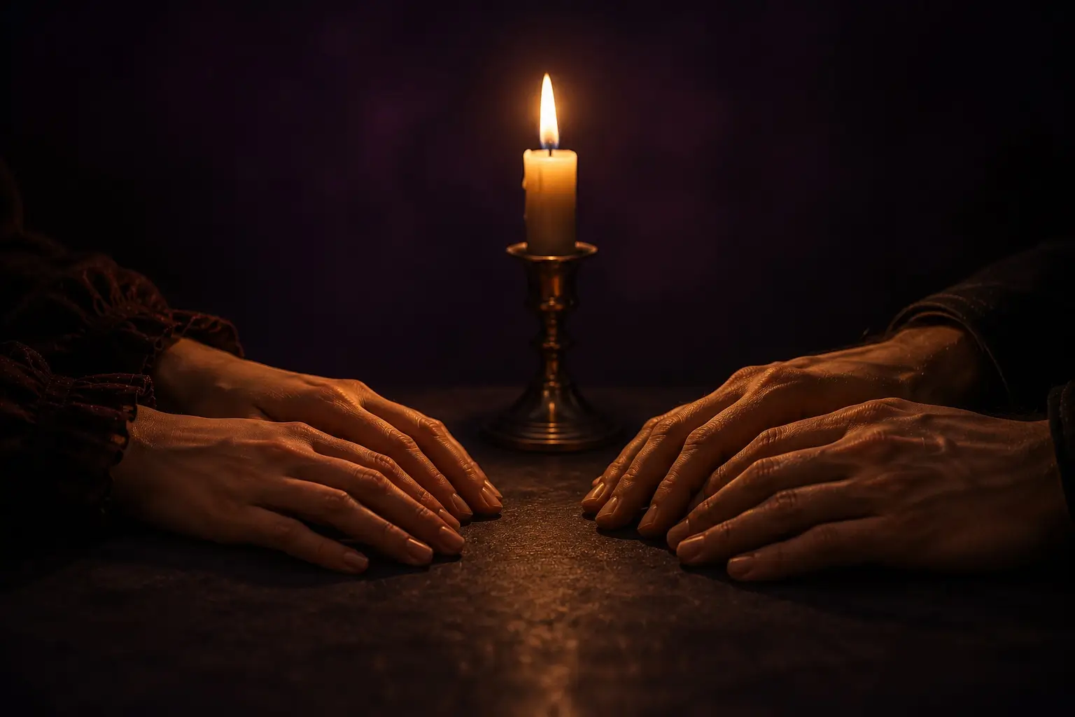 Scorpio and Capricorn relationship — two pairs of hands almost touching across a dark table with candlelight between them