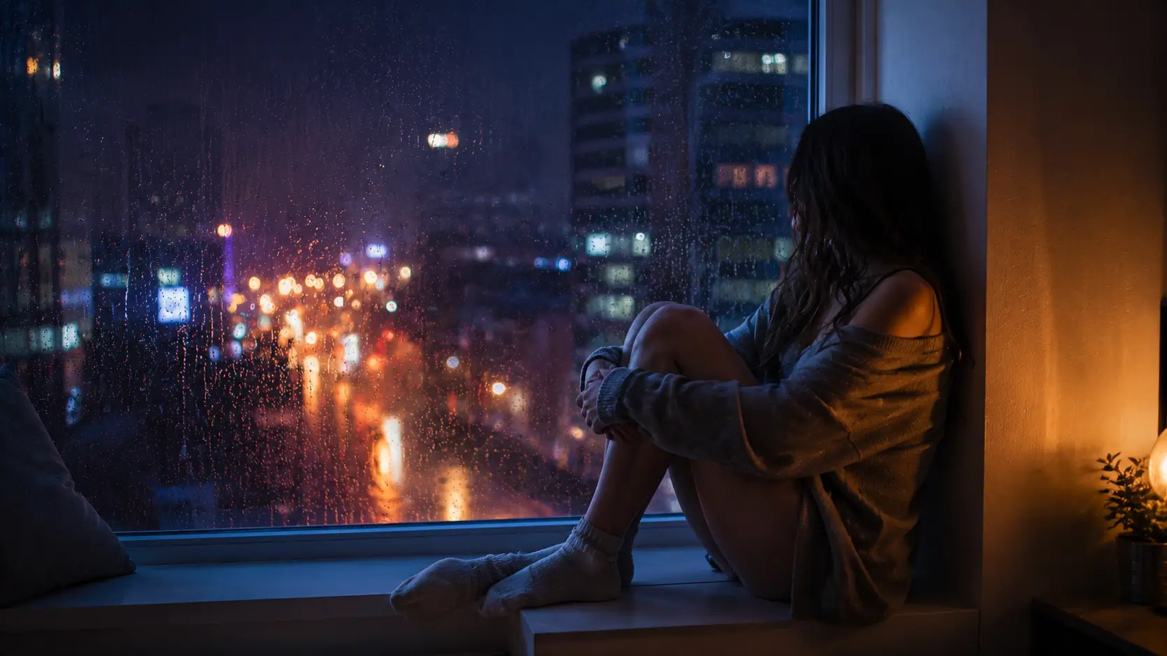Scorpio and libra love match — woman sitting alone at a rain-fogged window at night, city lights blurred behind the glass