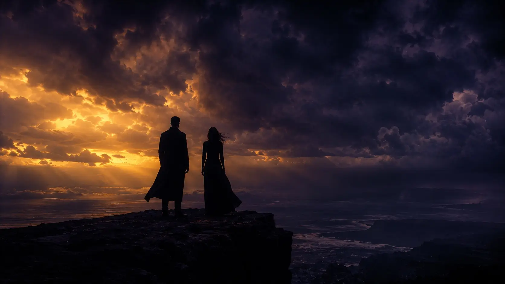 Scorpio Capricorn compatibility — two powerful silhouettes standing on a dark cliff under a dramatic gold and violet sky