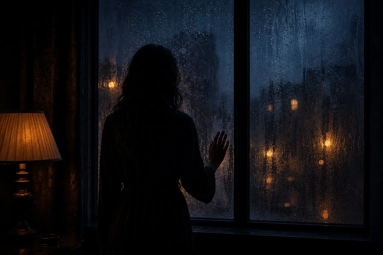 Scorpio Capricorn love match — woman silhouette standing at a rain-covered dark window at night, one hand on the glass