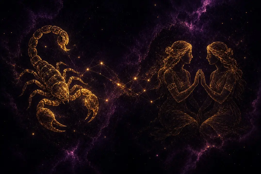 Gold Scorpio and Gemini zodiac symbols connected by constellation lines on dark purple background