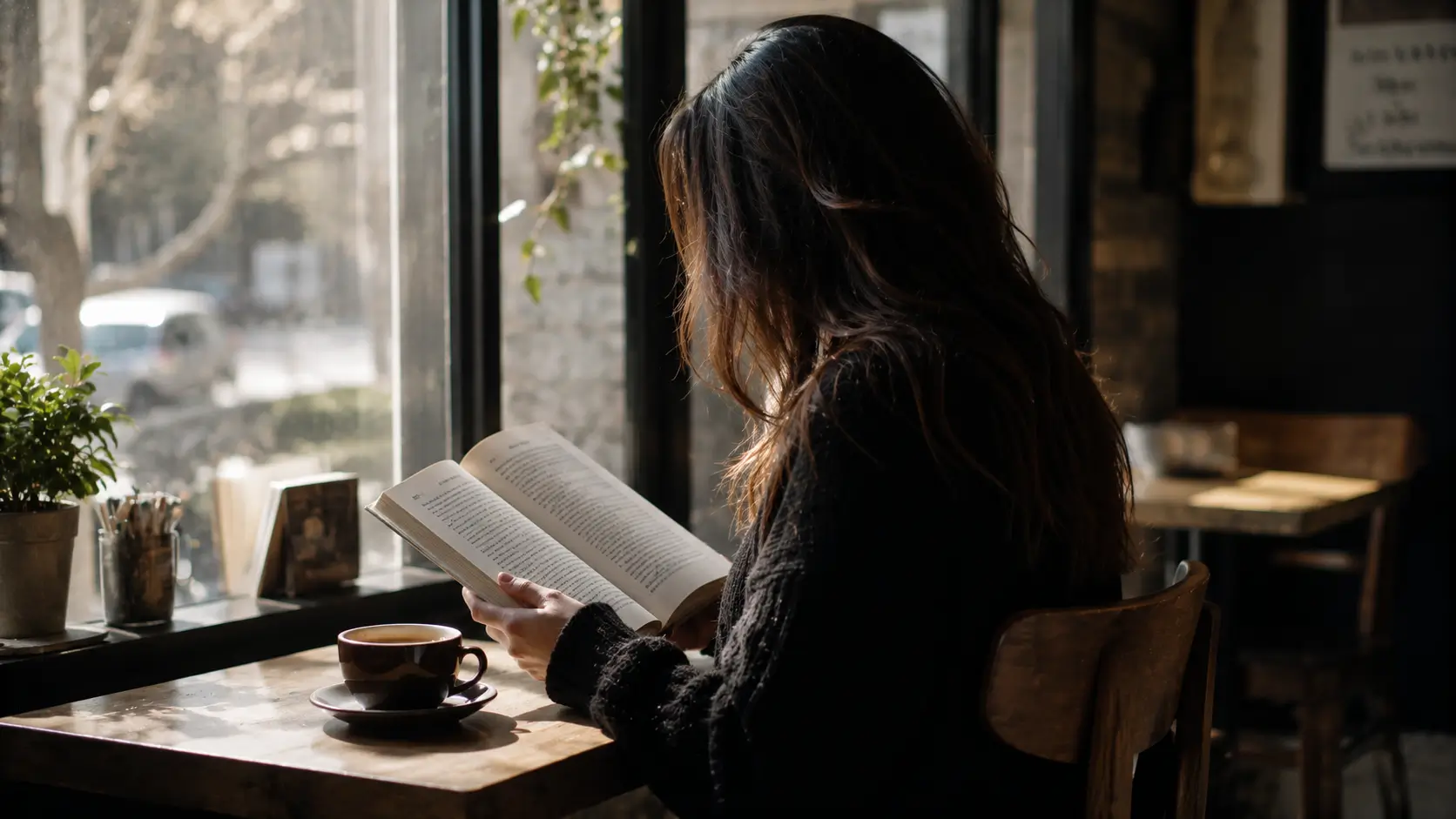 Scorpio man chase behavior — woman sitting alone at a café absorbed in a book, completely self-contained and not looking around