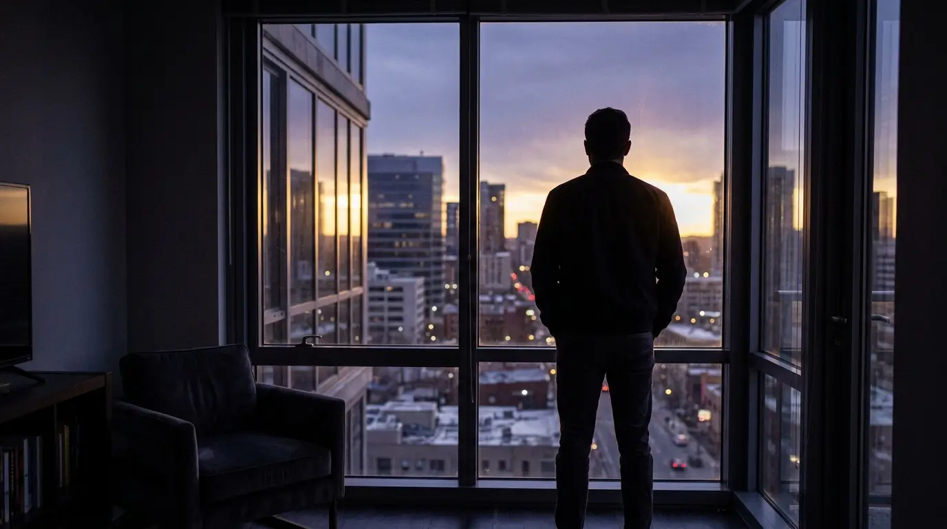 Silhouette of a man standing alone by a window, representing a Scorpio man processing regret after a breakup