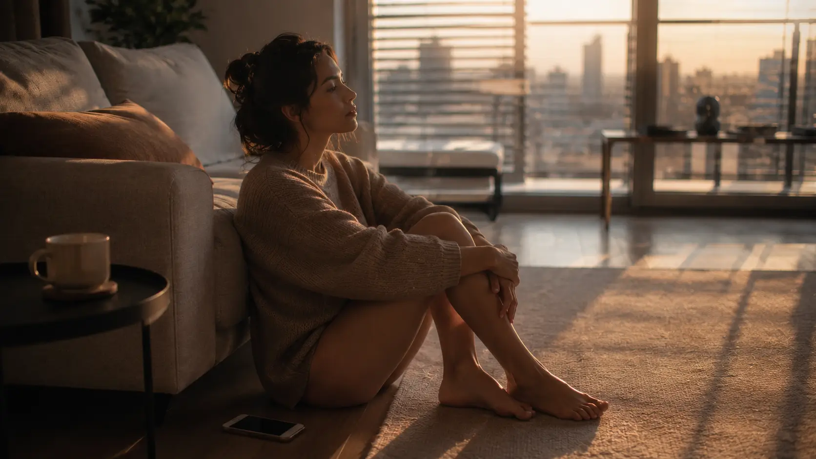 Scorpio man emotional distance — woman sitting on the floor of her apartment at dusk, phone face-down beside her, a cold cup of tea on the side table