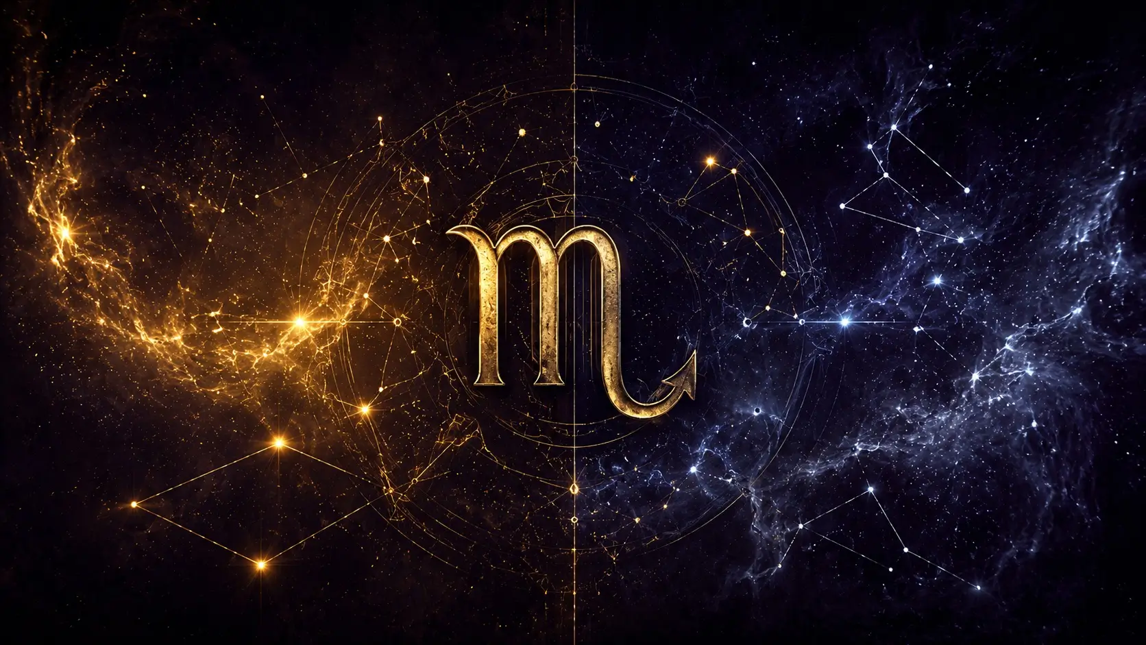 Scorpio zodiac symbol in antique gold against deep purple background, representing the hot and cold behavior of a Scorpio man who is not serious